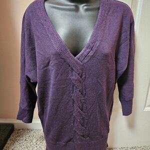 New York & Company Purple V-Neck Sweater with Cable Knit
